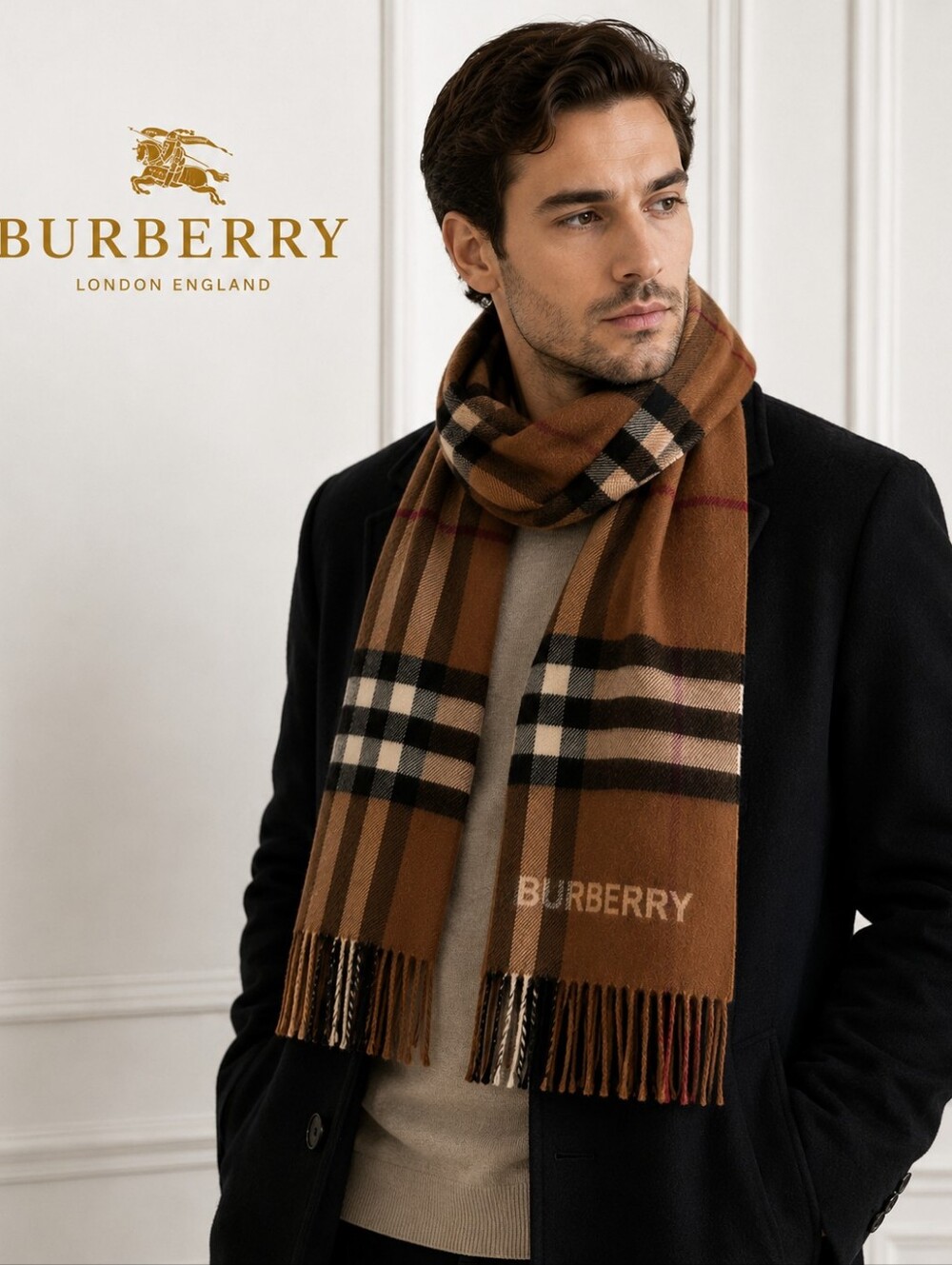 NWT Authentic Burberry Brown Vintage Check Logo Scarf Wool